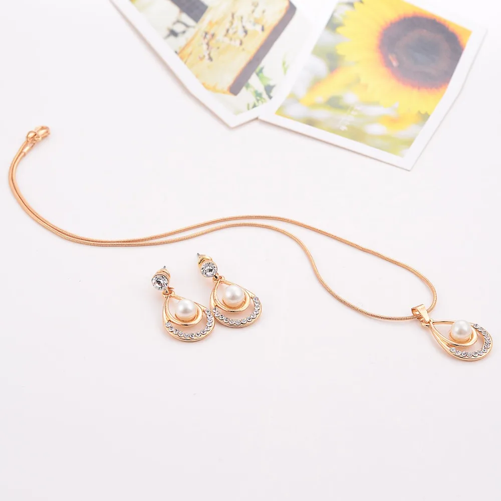 Valentine Day Gifts Gold Color Simulated Pearl Water Drop Crystal Pendant Necklace Earrings Wedding Jewelry Sets For Women