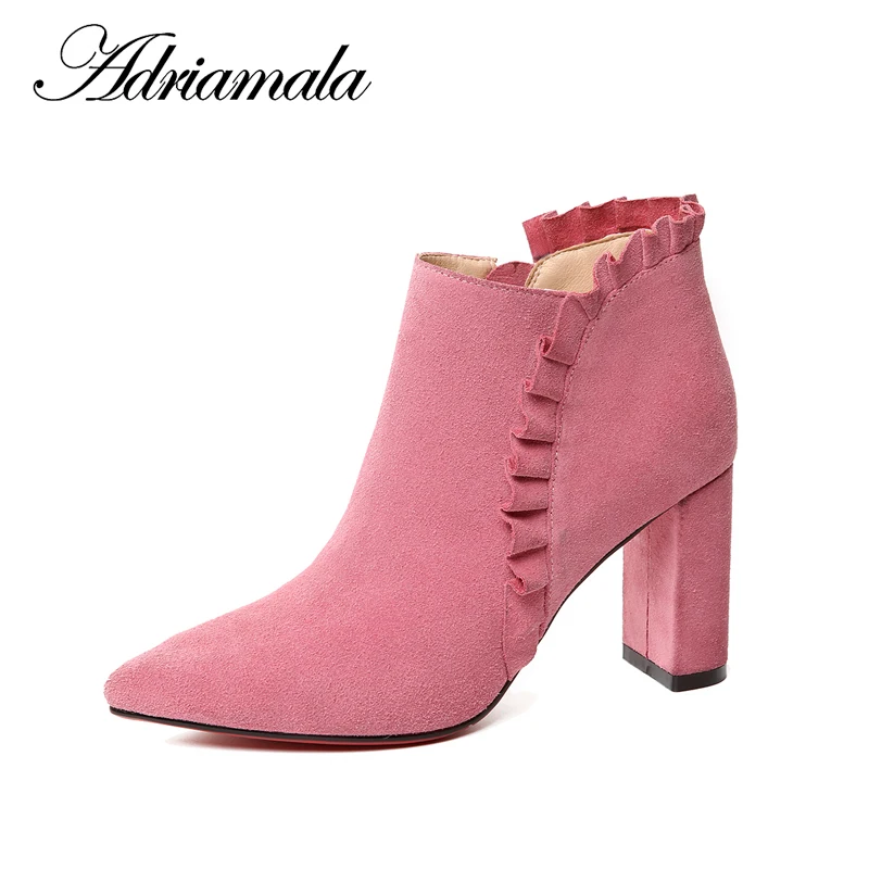 

2018 Cow Suede Ladies High Heel Boots Pointed Toe Spike Heels Zipper Motorcycle Ankle Boots For Women Fashion Adriamala