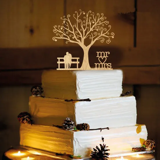 Смешанный стиль дерево деревенский свадебный торт Топпер жениха и невесты силуэт, Mr& Mrs Топпер для украшения свадьбы юбилей