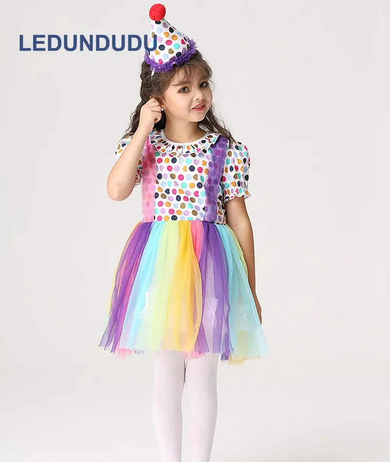 Children Clown Cosplay Costume Girls Rainbow Dress with Hat Kids Halloween Party Holiday Performance Clothes (3)