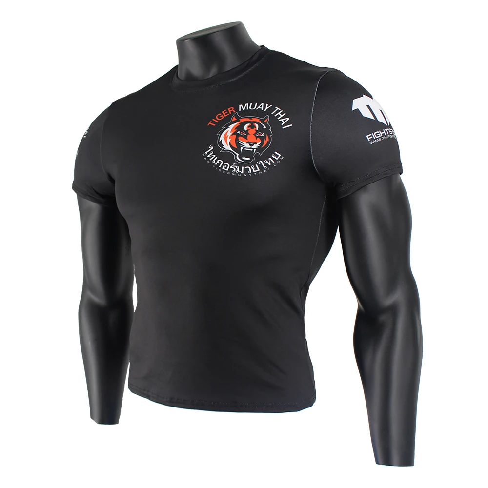 

Black stretch fabric fitness sports fierce t shirt MMA Boxing jerseys tiger muay thai rashguard jiu jitsu sauna suit king boxing