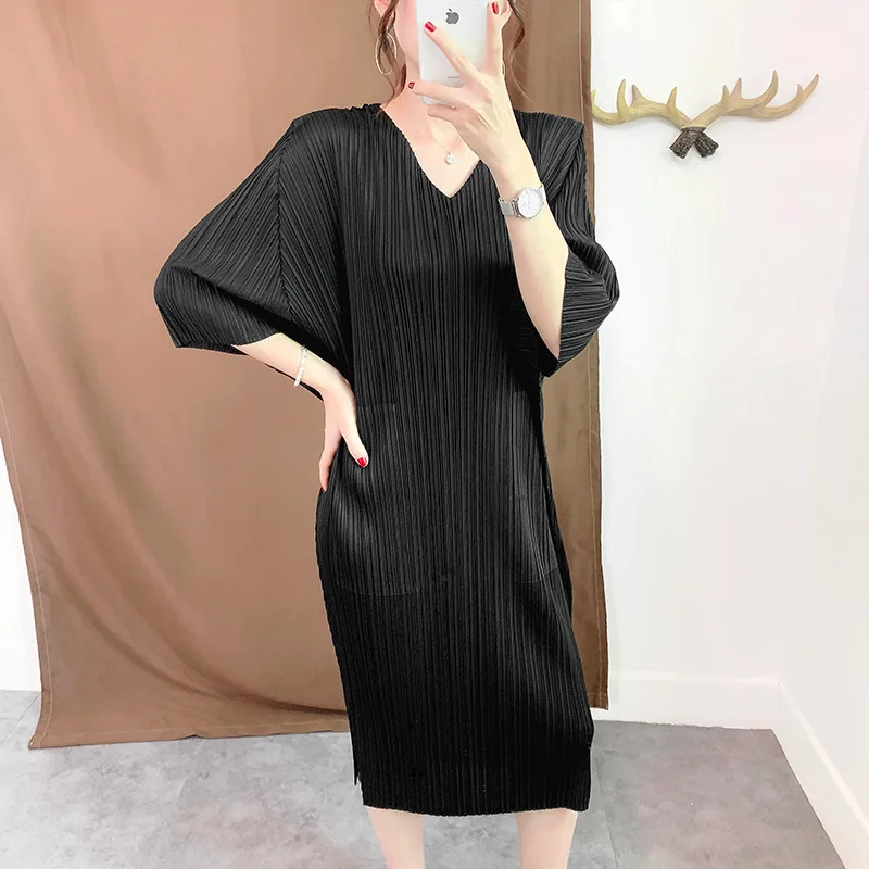 LANMREM Новая летняя и осенняя модная женская плиссированная винтажная одежда в японском стиле с рукавами летучая мышь платье с v-образным вырезом WH35201
