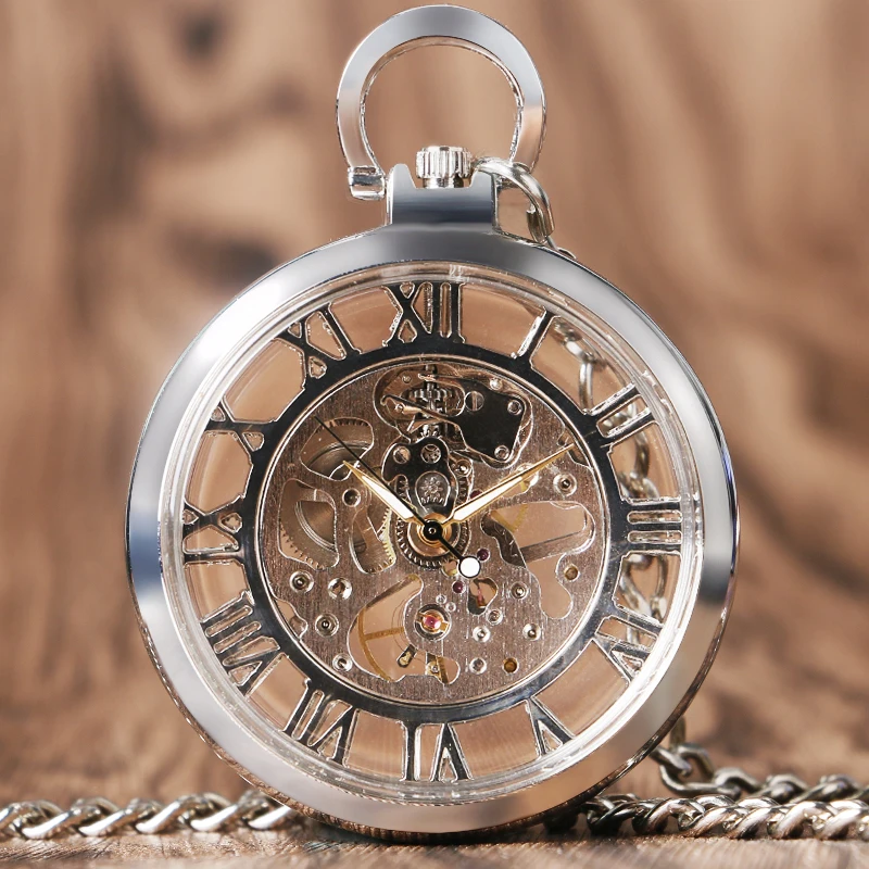 Модные роскошные серебряные брелок кулон Прозрачный Скелет Mechaincal рука Ветер карманные часы полые римские цифры стимпанк подарок