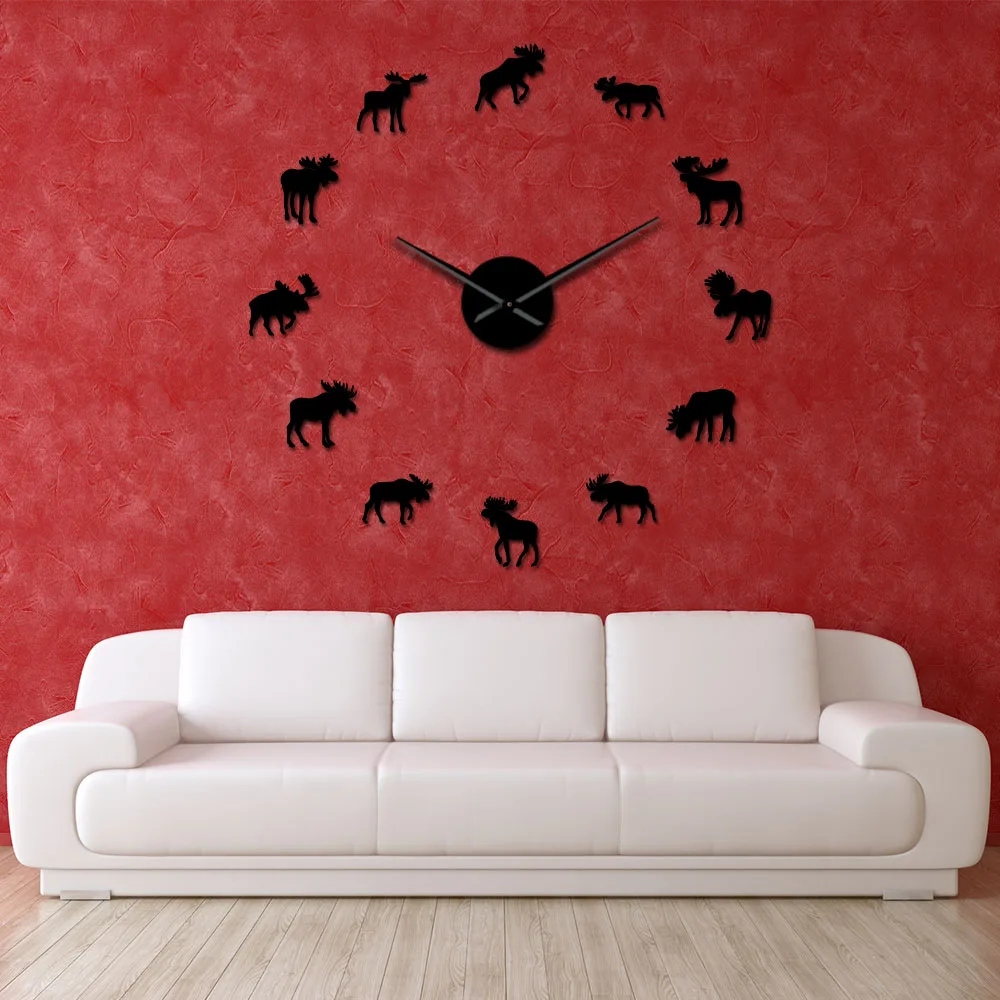 

Wildlife Moose DIY Giant Mute Wall Clock Moose Silhouette Decorative Frameless Watch Modern Nature Animal Wall Art Hunting Decor