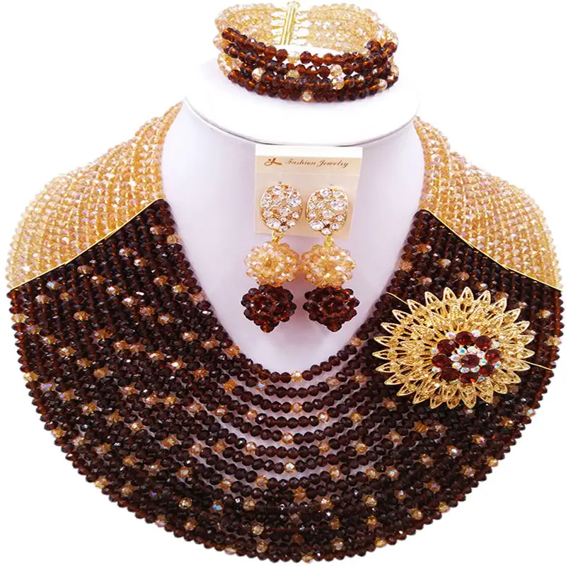ACZUV Traditional Nigeria Wedding Jewelry Full Necklace Gold and Brown