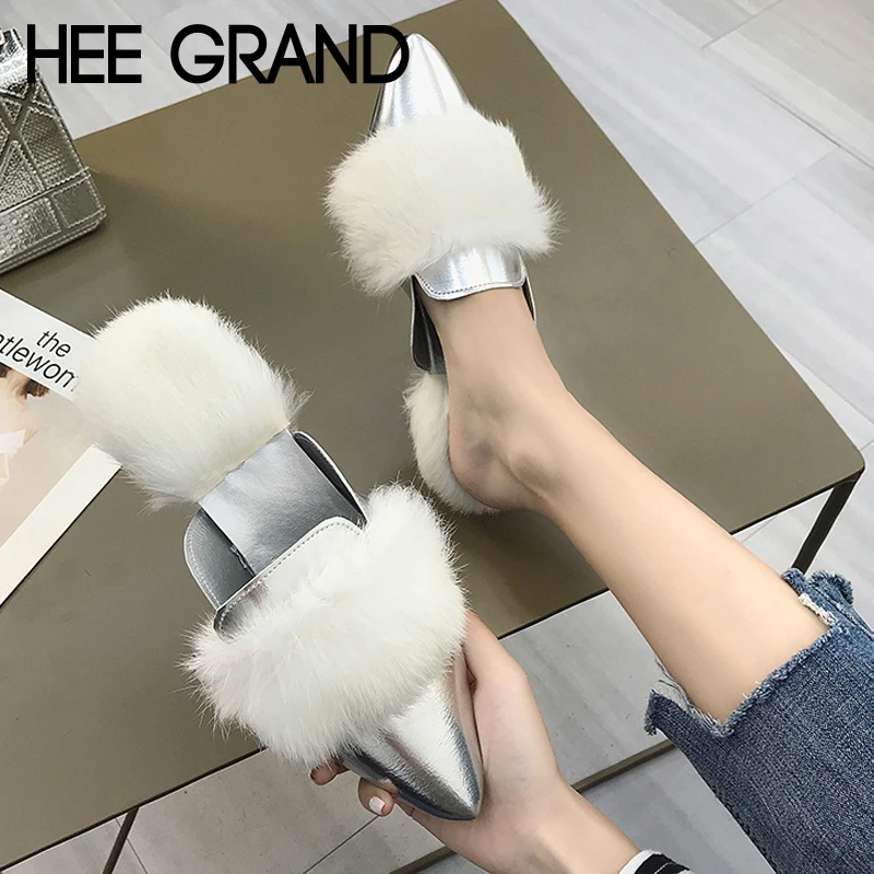 

HEE GRAND Pointed Toe Beach Slippers Outside Fur Creepers Casual Platform Shoes Woman Sliver Slides Winter Soft Flats XWT1458