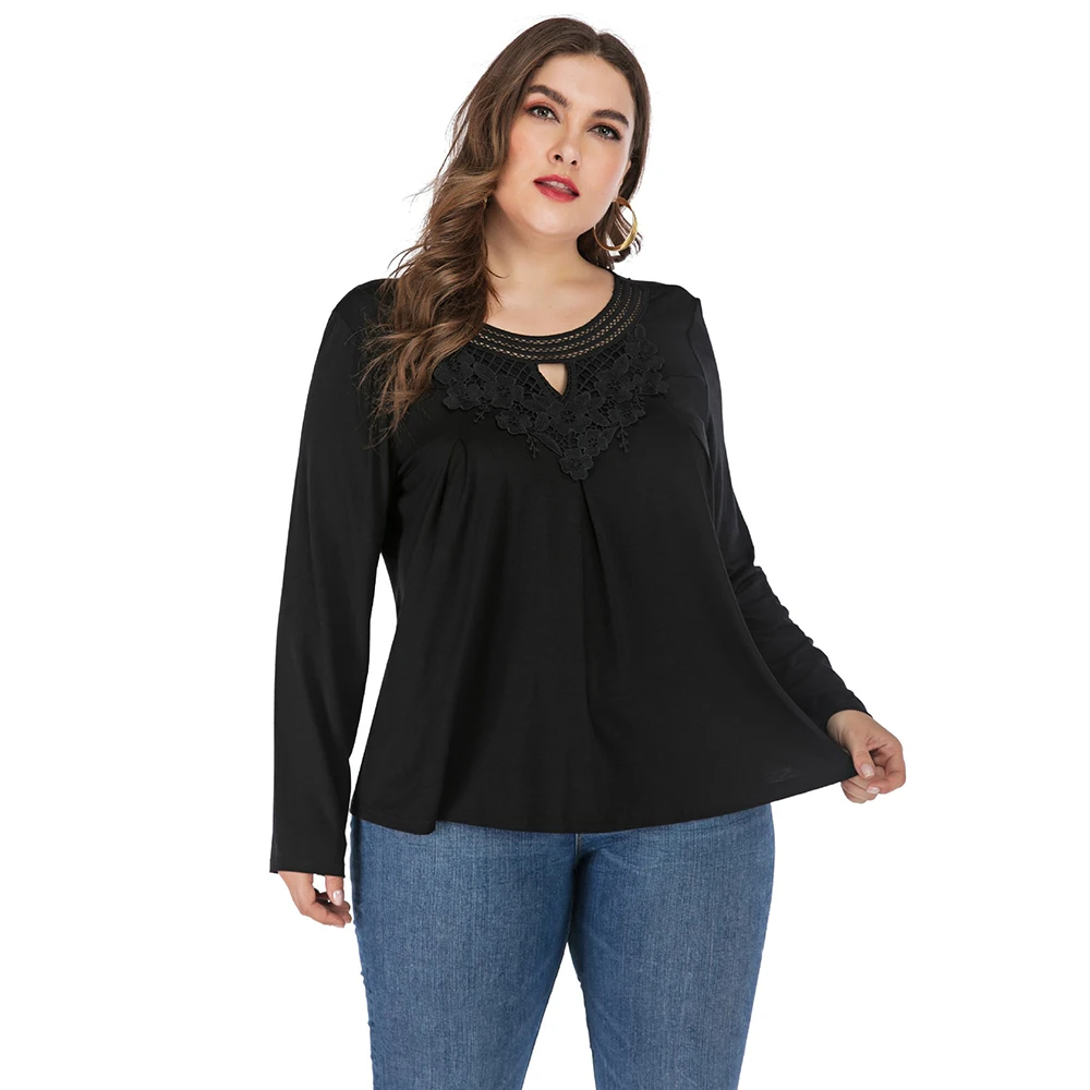 

T-shirt Women Plus Size 5XL Long Sleeve Hollow Out Design Solid Cotton Tshirt Women Loose Spring Autumn Tops blusas D30