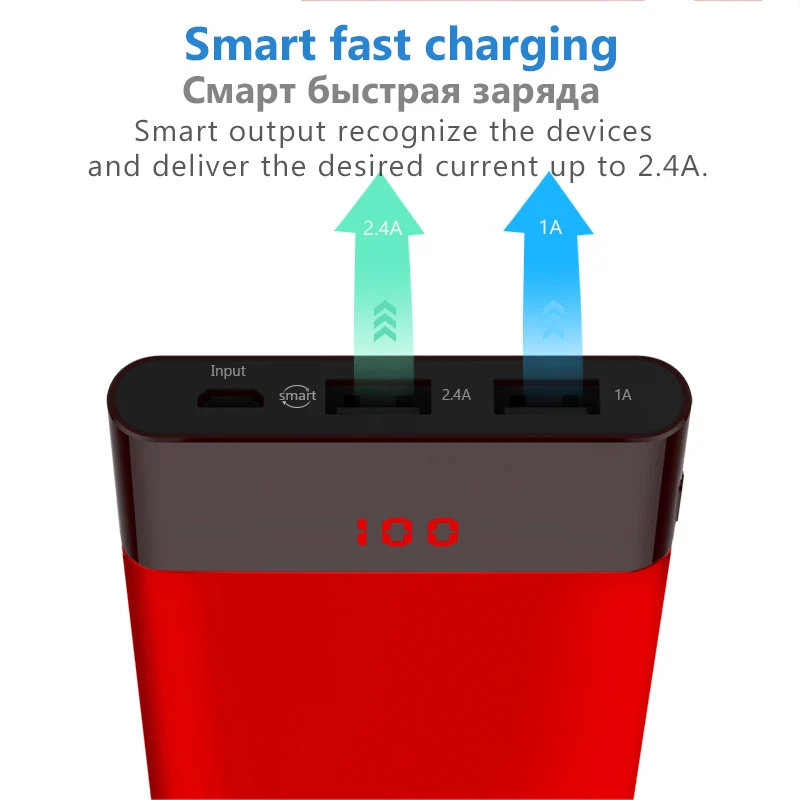 Повербанк Pisen 10000 мАч в ультратонком корпусе с двумя выходами USB и LED экраном Два