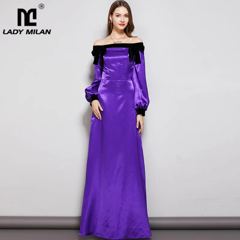 

Lady Milan Women's Party Prom Dresses Slash Neckline Long Sleeves Bow Detailing Elegant Maxi Designer Fashion Dresses