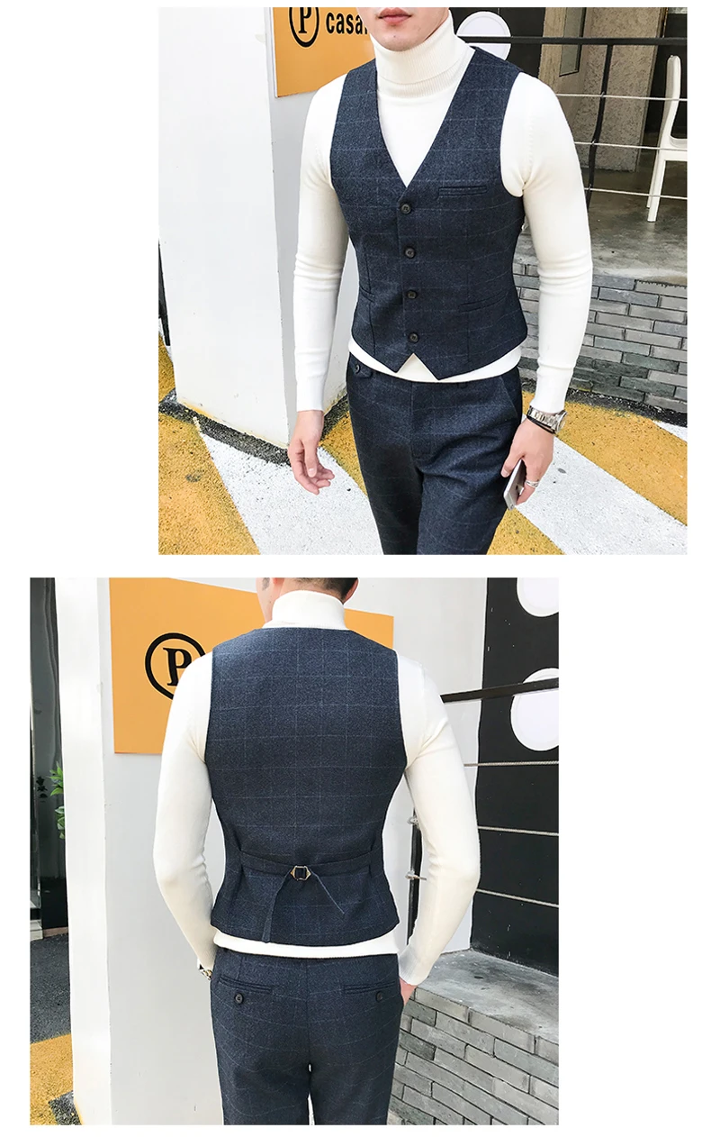Мужской костюм новейший дизайн пальто Брюки Клетчатый костюм плюс размер M-5XL Slim Fit Свадебные выпускные костюмы 3 шт. (Блейзер + жилет + брюки)
