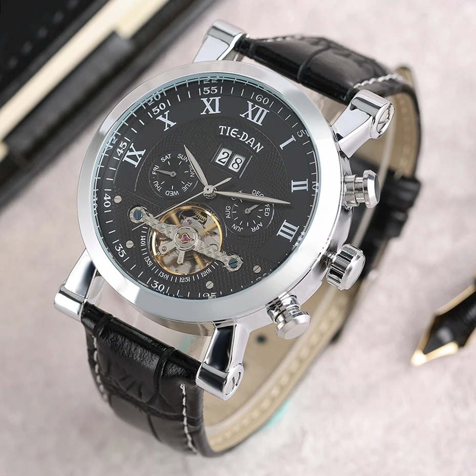 TIEDAN, мужские часы, роскошные, топ Tourbillon, механические часы, мужские, военные, бизнес, с автоматическим заводом, наручные часы из натуральной кожи