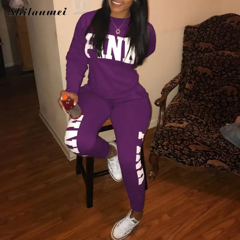 

2 Piece Set Women Top And Pants Sexy Casual Suit Pink Letter PrintSweatshirt Two Piece Sweatshirt Tracksuit Plus Size XXXL 2018