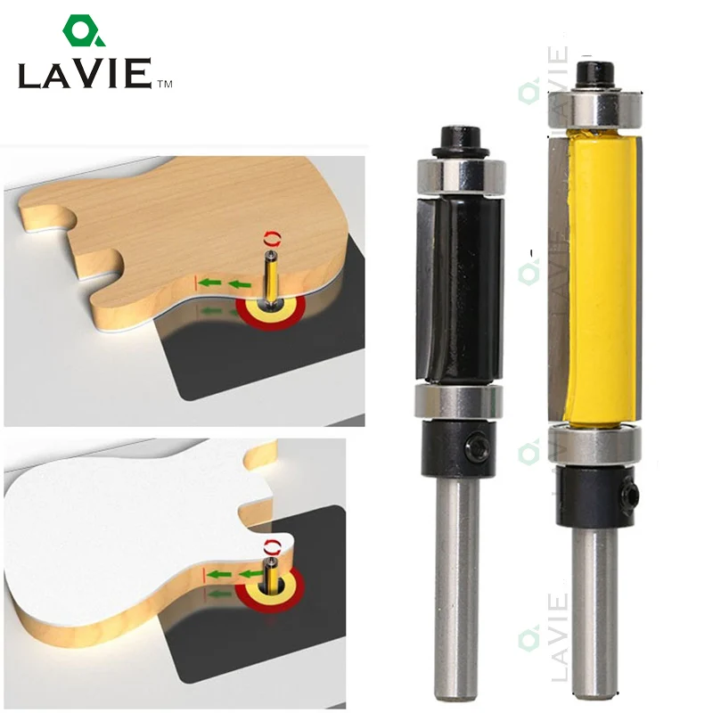 LAVIE 1pcs 1/4 6.35mm Double Bearing Straight Trim Router Bit Trimming Knife Milling Cutter Carbide Flush Woodworking MC01037