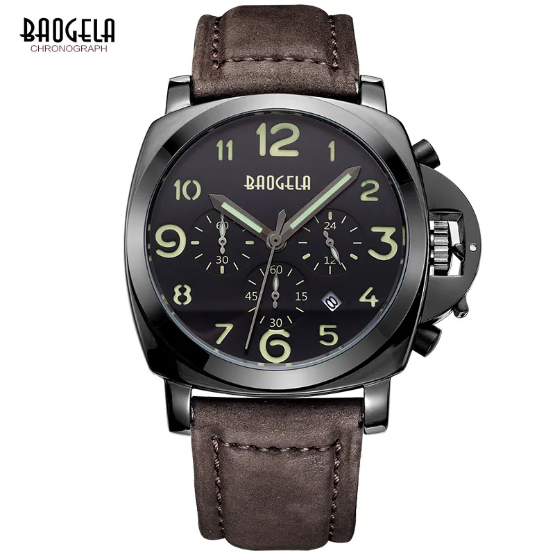 Baogela мужские Часы коричневый кожаный ремешок Мода хронограф Reloj Hombre