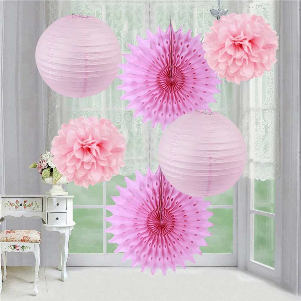 

Set of 6 Paper Decoration Set Paper Lanterns Cut-out Tissue Paper Fans Pom Pom Fluffy Flowers Wedding Room Birthday Party Shower