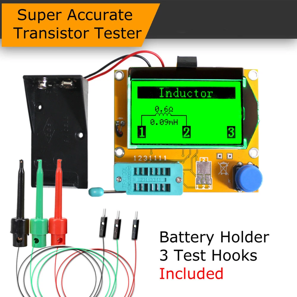 

12864 Mega328 ESR Transistor Resistor Diode Capacitor Mosfet Tester w/ Test hook