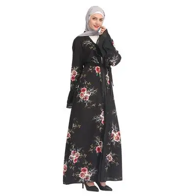 Шифоновая абайя Турция мусульманский хиджаб платье кафтан одежда из Дубая для женщин Катара Рамадан Восточный халат из марокена цзилбаба исламский халат одежда - Цвет: Черный