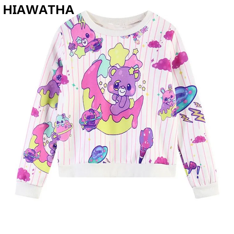 

Hiawatha Women Sweet O-Neck Hoodies Spring Striped Doll Moon Bear Printed Sweatshirt Casual Long Sleeve Crop Tops WY0594