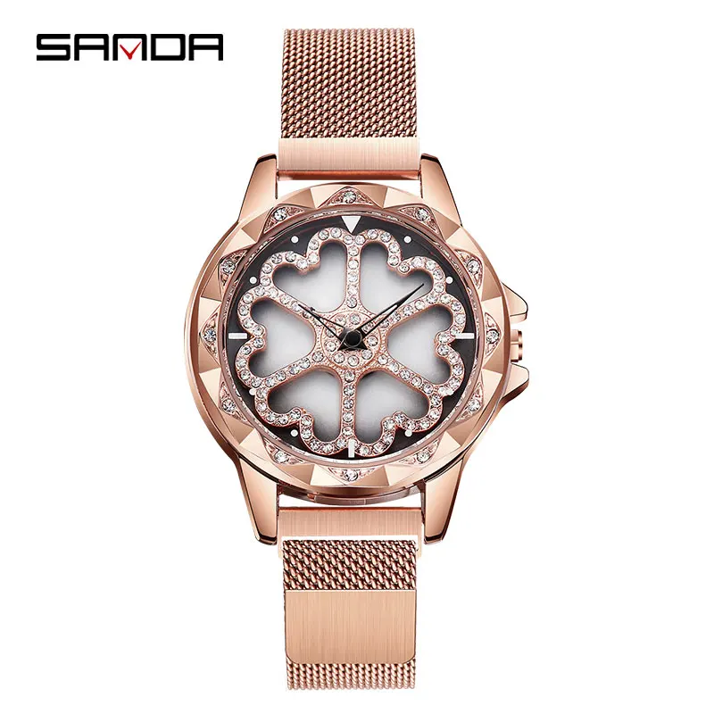 SANDA креативный дизайн магнитные часы с пряжкой женские часы 360 Вращение женские часы со стразами стальные сетчатые часы с ремешком-браслетом - Цвет: Золотой