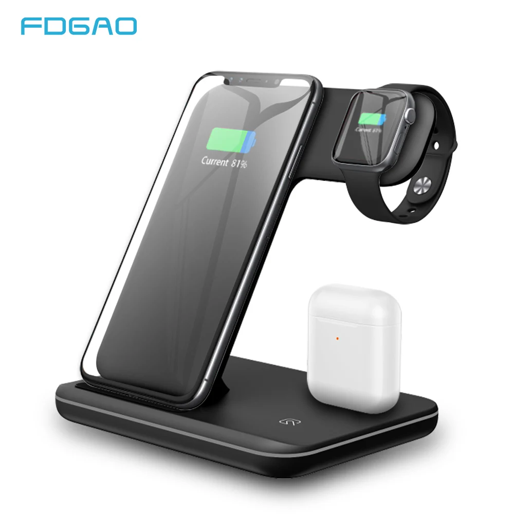 Compatible with iPhone 11 Pro//XS Max//XR//X//8 Plus Samsung Galaxy S10//S9//S8//S7 and All Qi-Enabled Cell Phone 3 in 1 Wireless Charger Station AirPods and Phone Qi Fast Charging Dock for Apple Watch