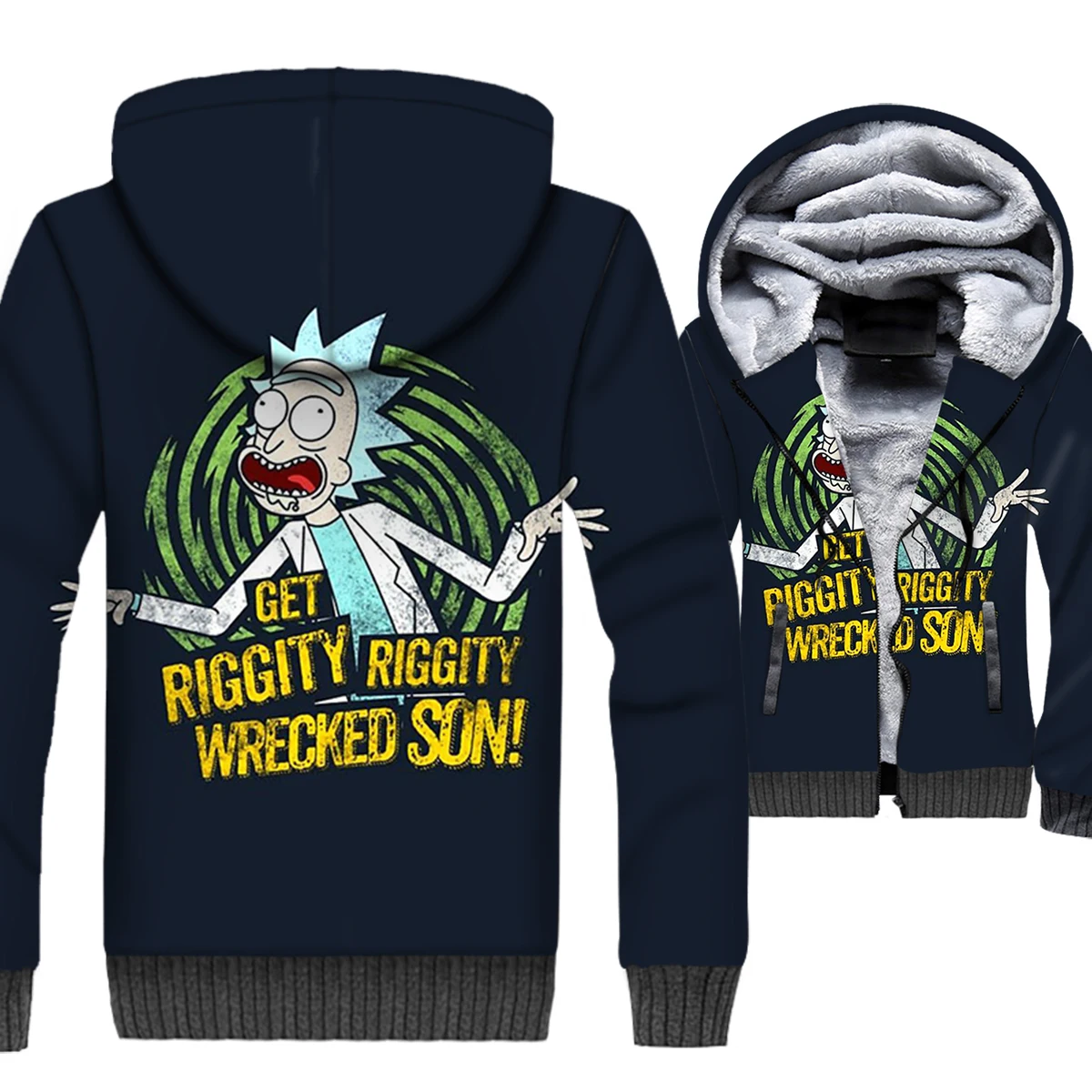 

Rick and Morty 3D Print Hoodie Men Get Riggity Wrecked Son Hooded Sweatshirt Winter Thick Fleece Warm Zip up Coat Funny Jacket