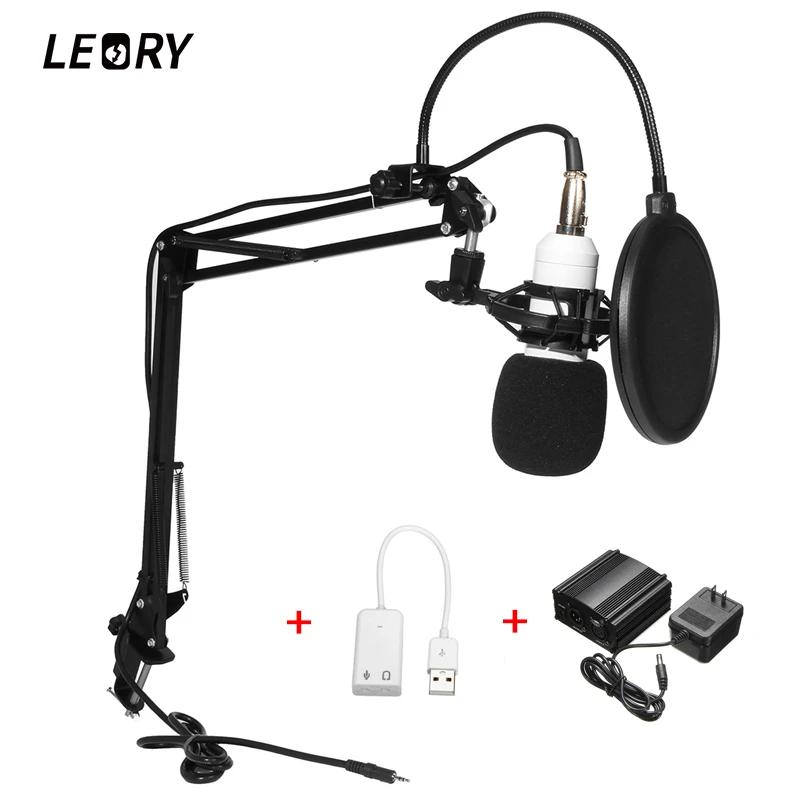 LEORY BM 800 караоке конденсатор с алюминиевой крышкой, конденсаторный микрофон+ 48V Phantom Мощность+ Звуковая карта с интерфейсом USB для ПК Запись Studio КТВ пение - Цвет: 48V Power US 110V