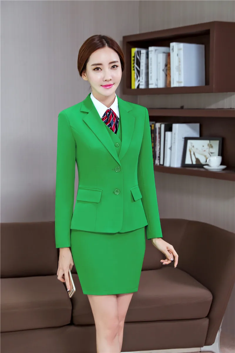 Формальный зеленый Блейзер женские деловые костюмы с 3 шт жилет, юбка и куртка наборы Офисная Женская рабочая одежда стили