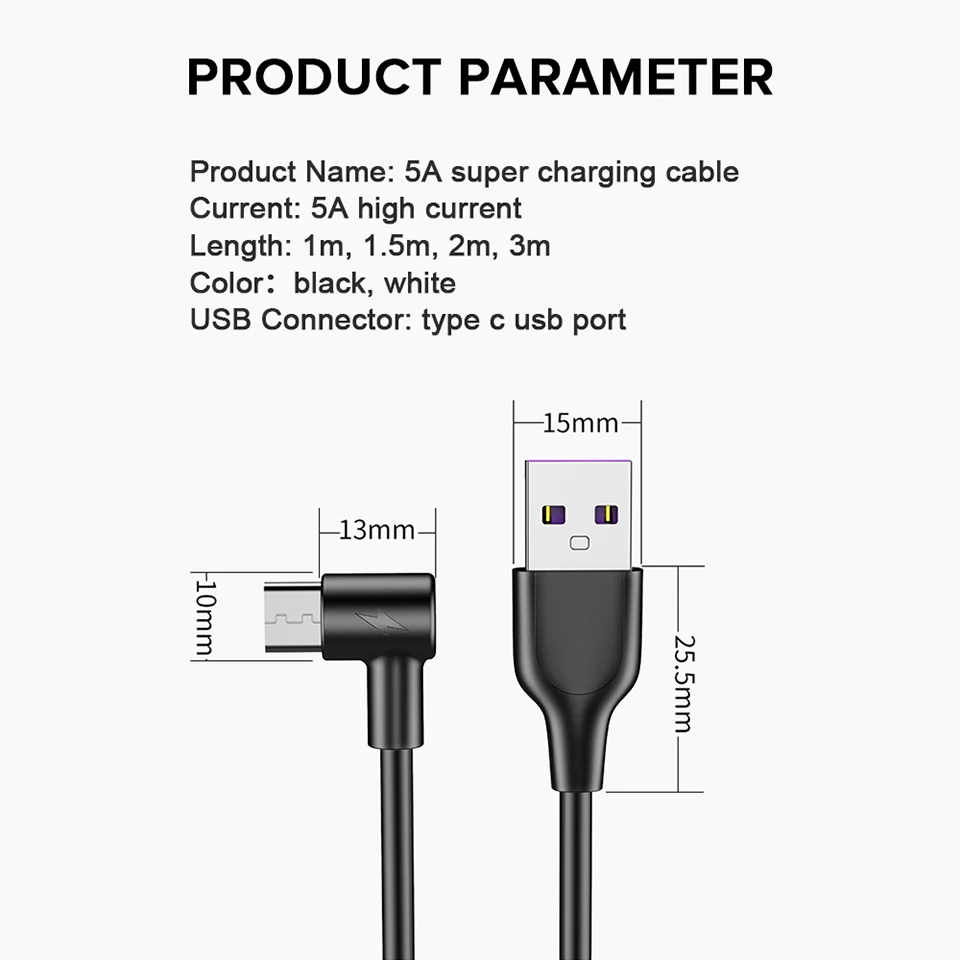 90 градусов 5A Usb type-c кабель для быстрой зарядки для samsung One Plus 7 Pro Xiaomi Redmi Note 8 Pro Кабель Usb Tipo C 2 м 2 м провода