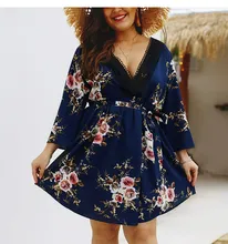 2019 Plus Size Dress For Women Floral Print Sexy Deep V Neck Dress Loose Ladies Long Sleeve Wrap Summer Dress plus deep v neckline fluted sleeve geo print dress