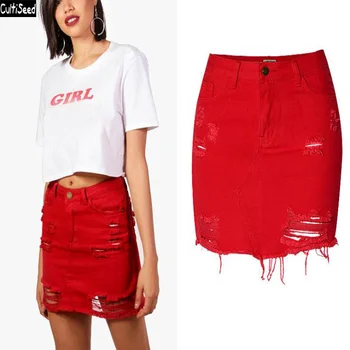 

Cultiseed 2020 Women Summer Sexy Ripped Hole Denim Jeans Skirts Female High Waist Red Color Party Skirts Ladies Fashion Skirts