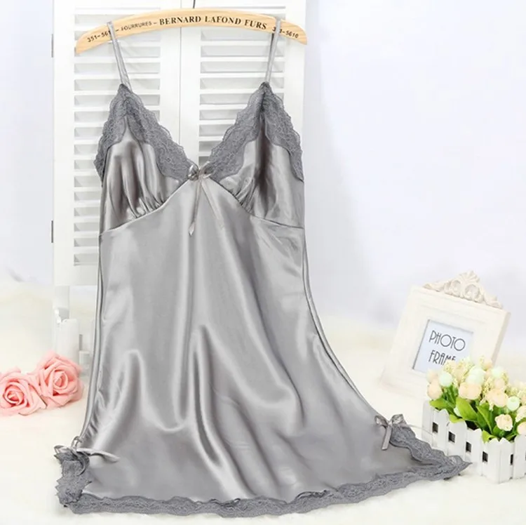 Ladies Sexy Silk Satin Night Dress Sleeveless Nighties V-neck Nightgown Solid Nightdress Lace Night Gown Sleepwear For Women 17