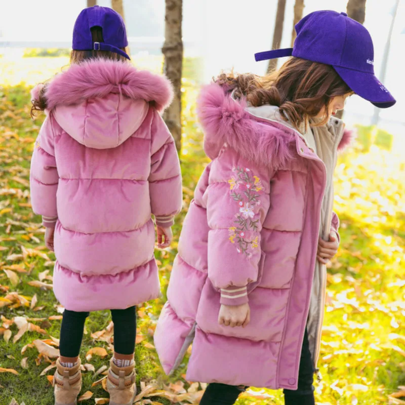 

Children Winter Jacket Fashion Girl Clothes Kids Snowsuits Cotton-padded Outerwear Warm Parka Thick Fur Hooded Long Down Coats