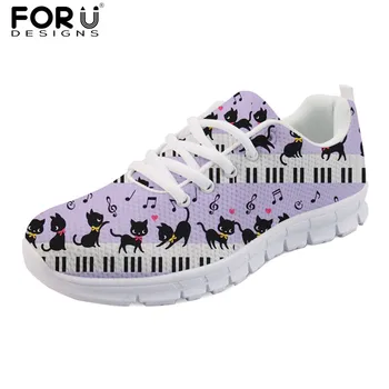 

FORUDESIGNS Women Casual Autumn Flats Cute Cat with Piano Music Note Print Light Mesh Sneakers for Ladies Girls Breathable Shoes