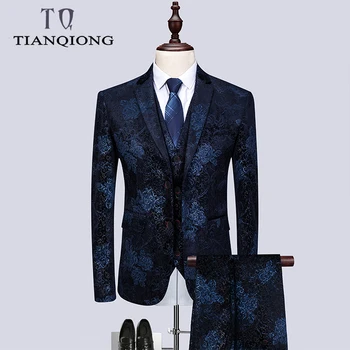 

Brand Men Wedding Suits 2019 Spring Flowers 3 Piece Suits with Pants Men 4XL 5XL6XL Navy Blue Prom Suit Stage Wear