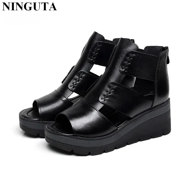 Fashion platform wedges sandals women full grain leather summer shoes woman