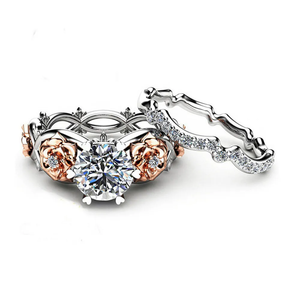 

ECODAY 2 pcs Ring Set Bague Engagement Ring Lovers' Ring Crystal Rings for Women Anillos Wedding Jewelry Size 6 7 8 9 10