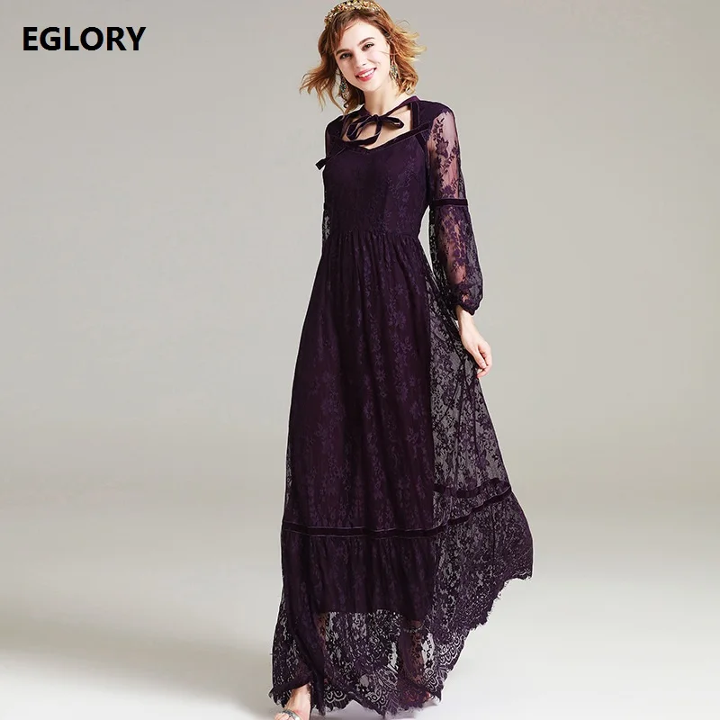 Vestido De Festa 2017 Autumn Party Evening Lace Women Bow Tie Patchwork Long Sleeved Floor-Length Long Maxi Dress Purple Black womens-long-maxi-dresses : image Vestido De Festa 2017 Autumn Party Evening Lace Women Bow Tie Patchwork Long Sleeved Floor-Length Long Maxi Dress Purple Black womens-long-maxi-dresses