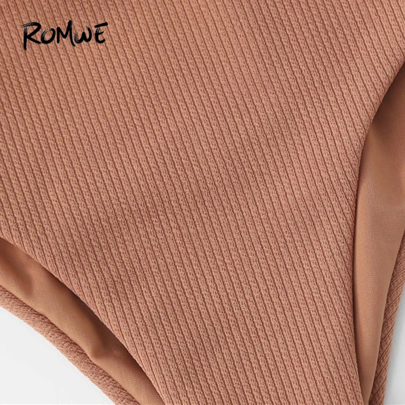 Romwe Sport Knot Front Bikini Set 2018 Summer New Brown Sexy Swimwear Ladies Knot Bandeau Beach Bikinis