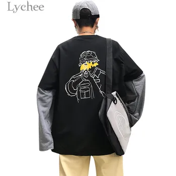

Lychee Harajuku Gun Character Fake 2 Pieces Women Sweatshirt Long Sleeve O-Neck Autumn Casual Loose Female Pullovers