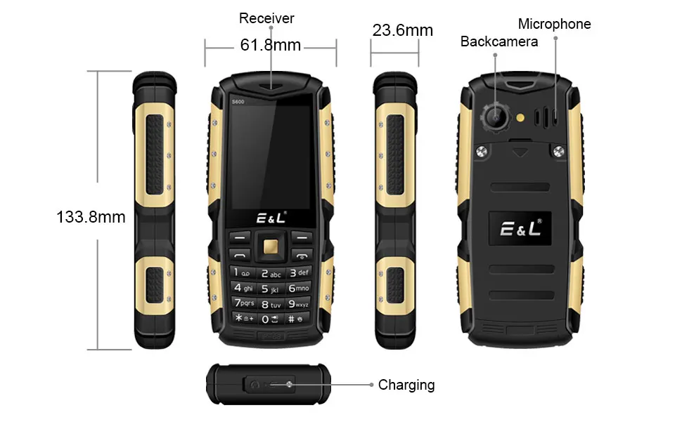 KENXINDA E& L S600 IP68 одночастотный разблокированный телефон 2," экран Две sim-карты большой динамик фонарик FM водонепроницаемый прочный мобильный телефон