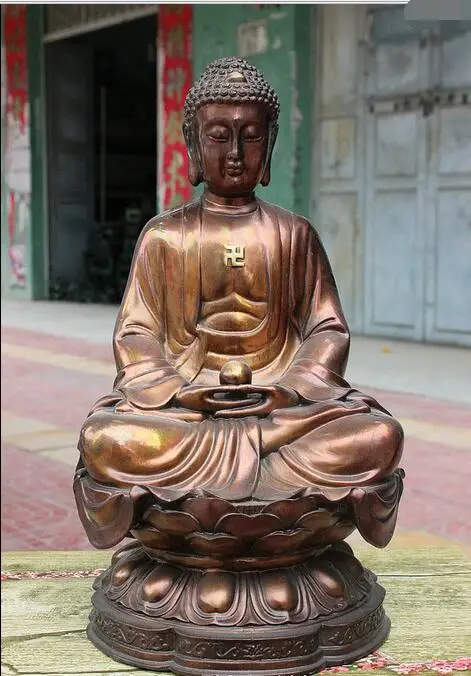 

12" Tebetan Temple Pure Bronze Shakyamuni Sakyamuni Buddha On Lotus Base Statue