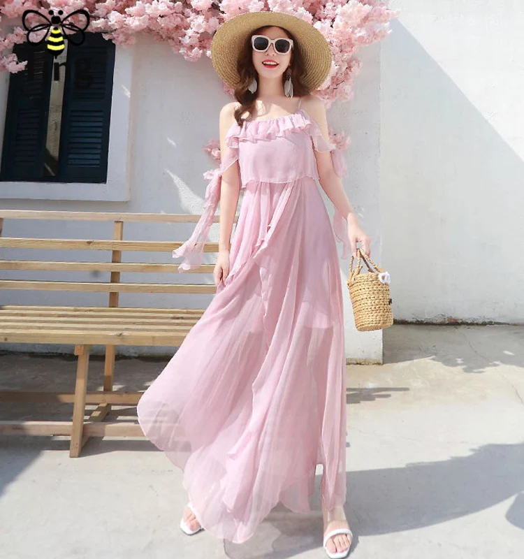 Tingfly летнее розовое элегантное платье макси с оборками Длинные вечерние платья леди Бохо на бретелях Повседневные платья свободные шифоновые модные платья