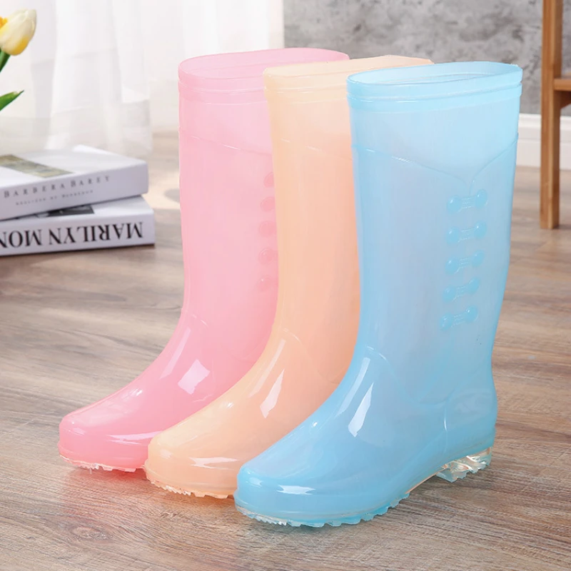 

transparent candy color fashionable high - top rain boots anti - slip wear - resistant waterproof PVC rain shoes