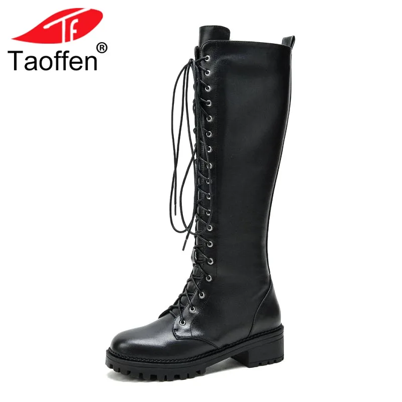 

Taoffen Women Genuine Leather Flats Boots Gladiator Lace Up Warm Fur Shoes Women Winter Round Toe Knee High Boots Size 34-39