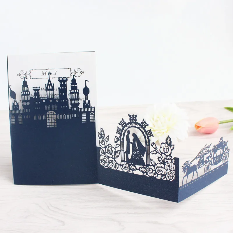 

3D wedding invitations castle pumpkin coach laser cutting invite card blue pink white party supply customized printing