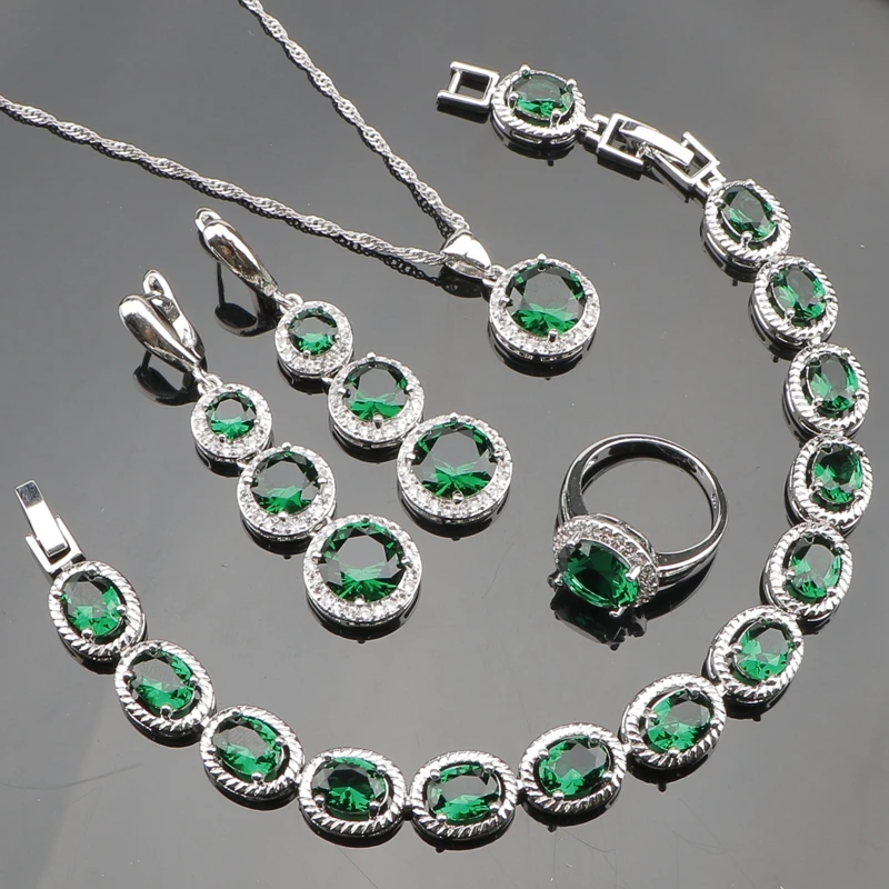 

Bridal Jewelery Women Sliver 925 Costume Jewelry Sets Green Zircon Bracelet Pendant Necklace Rings Earrings With Stones Gift Box