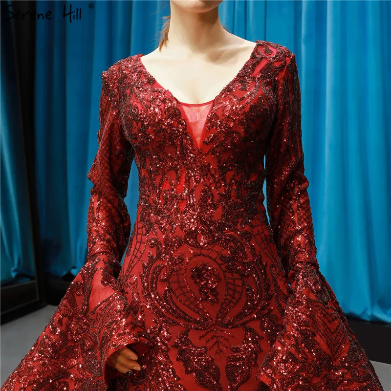 Дубай дизайн винно-красные Роскошные вечерние платья с блестками с длинным рукавом сверкающие модные свадебные тостовые платья 66740