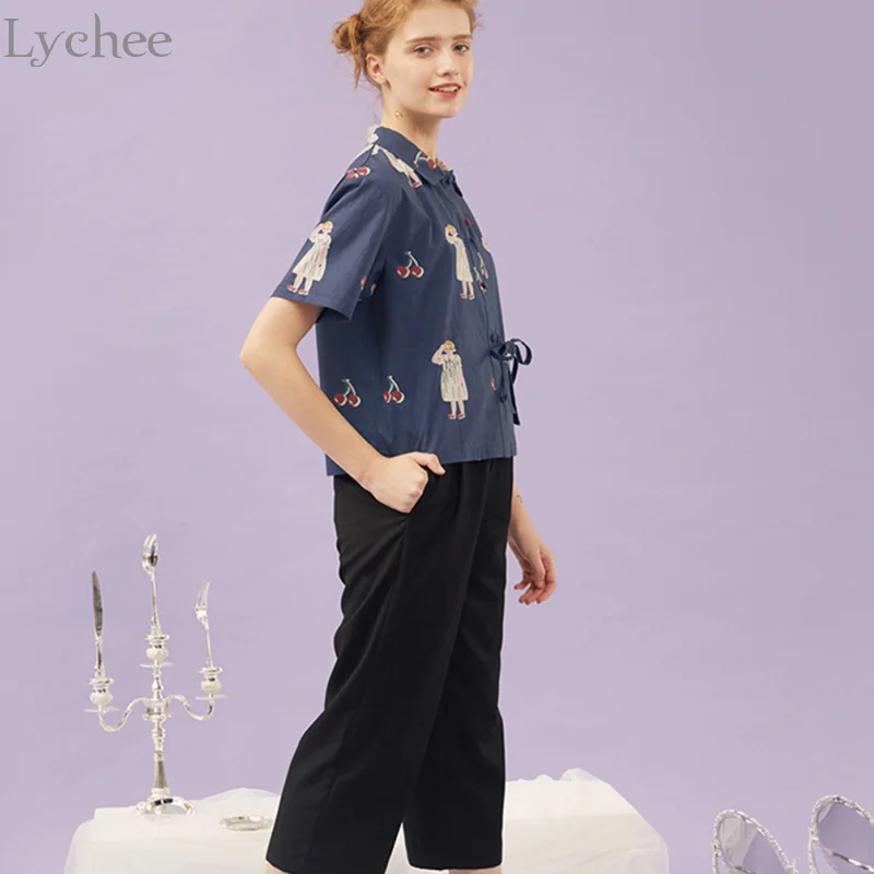 Lychee Летняя женская блузка для девочек с принтом на шнуровке и карманом короткая