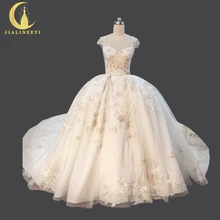 JIALINZEYI Real Picture Cap Sleeves Champagne Lace Sliver Ball Gown Cathedral Long Train Bridal Wedding Dresses Wedding Gown