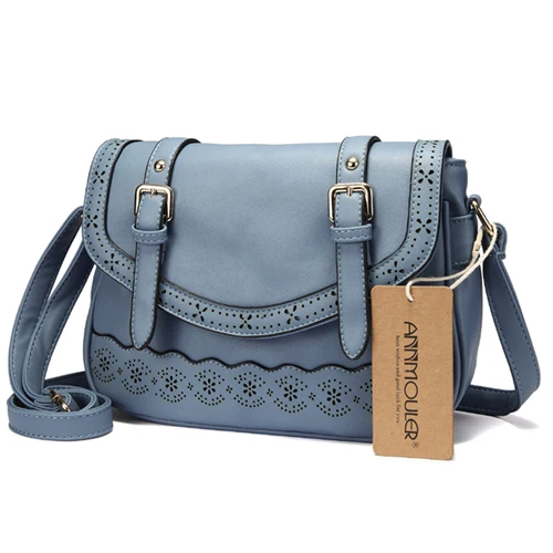 Annmouler, винтажная женская сумка на плечо, высокое качество, открытая сумка через плечо из искусственной кожи, кружевная сумка-мессенджер для дам, большая сумка - Цвет: Light blue